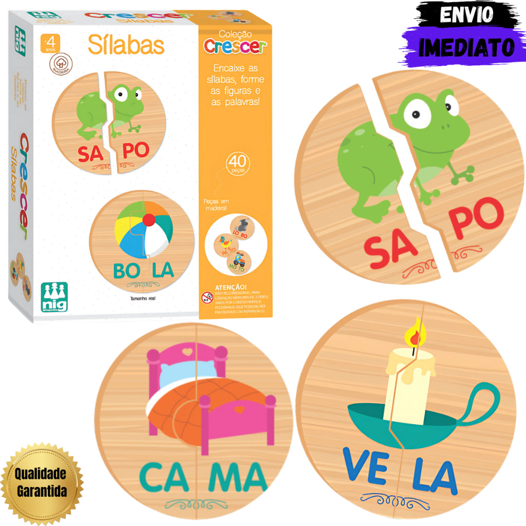 Brinquedo Educativo Jogo Encaixe de Sílabas em Madeira para Crianças