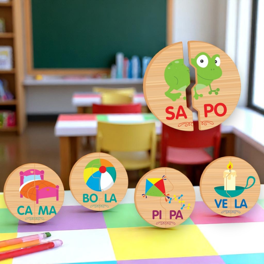 Brinquedo Educativo Jogo Encaixe de Sílabas em Madeira para Crianças