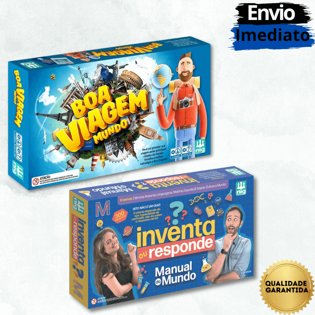 Kit Educativo com 2 Jogos de Tabuleiro Boa Viagem Mundo + Inventa ou Responde Manual do Mundo