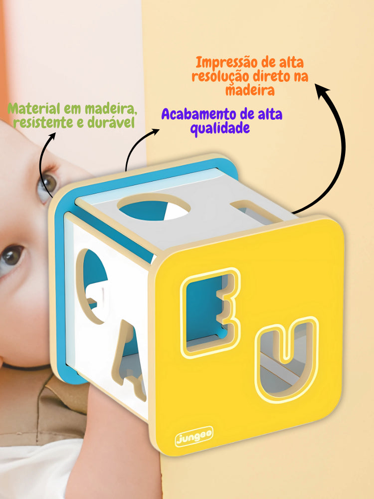 Cubo Didático de Encaixe de Letras Educacional em Madeira MDF