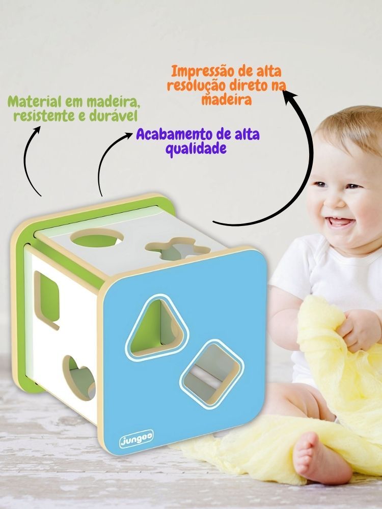 Cubo Didático de Encaixe de Formas Geométricas Educacional em  Madeira MDF