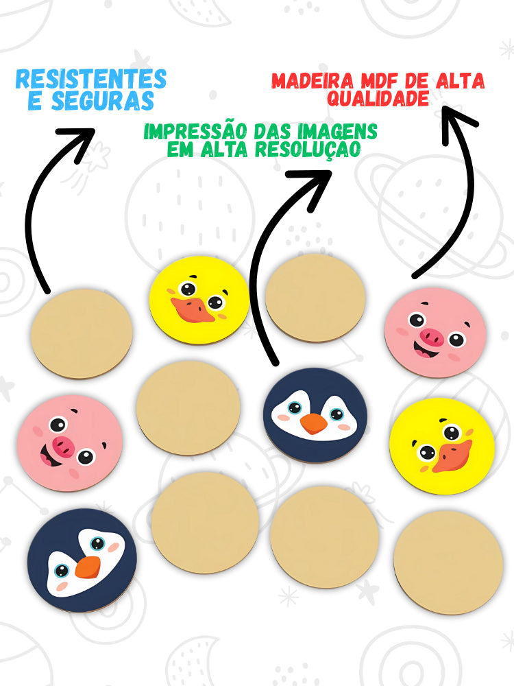 Jogo Educativo da Memória Carinha de Animais em Madeira 12 Peças