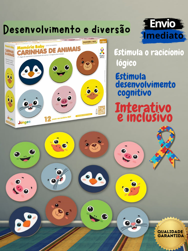 Jogo Educativo da Memória Carinha de Animais em Madeira 12 Peças