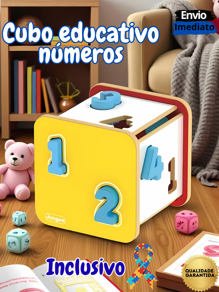 Cubo Didático de Encaixe de Números Educacional em Madeira MDF