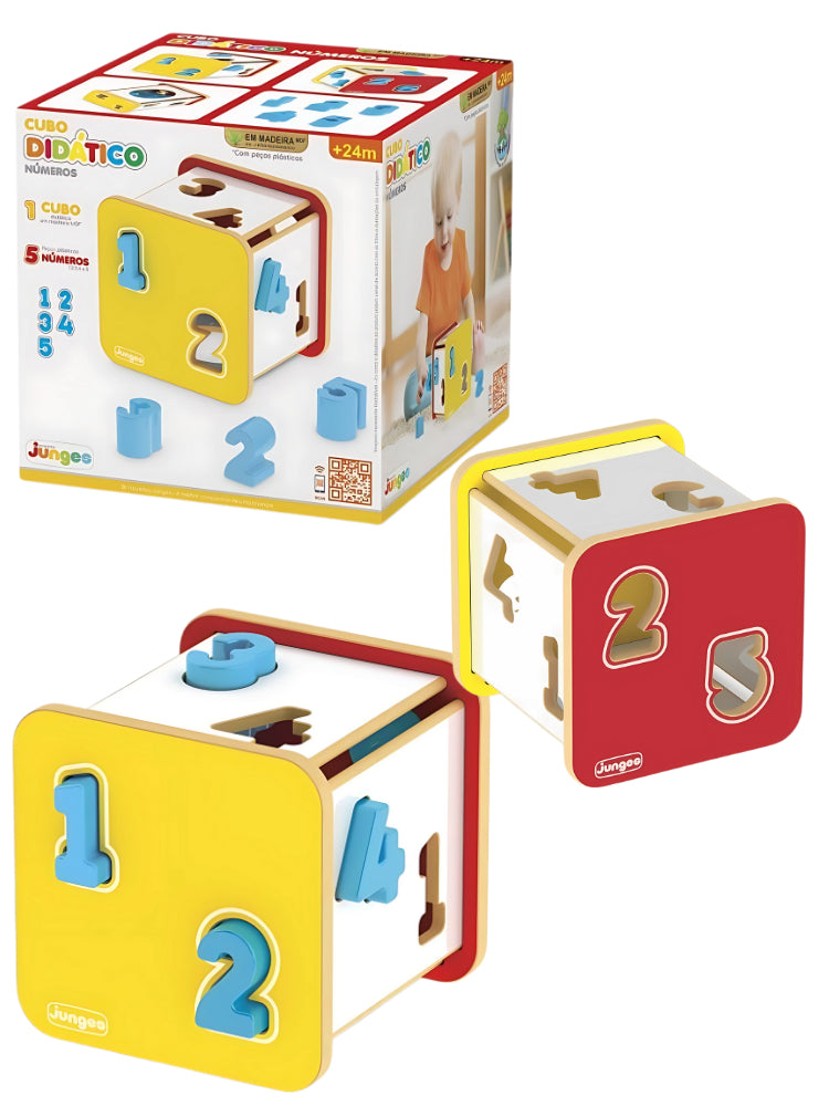 Cubo Didático de Encaixe de Números Educacional em Madeira MDF