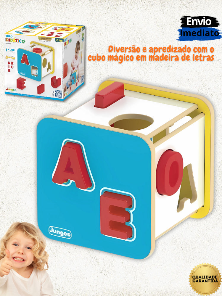 Cubo Didático de Encaixe de Letras Educacional em Madeira MDF