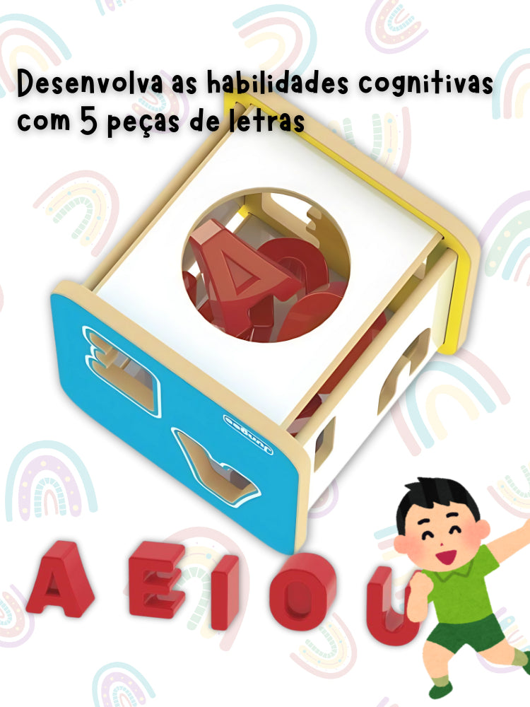 Cubo Didático de Encaixe de Letras Educacional em Madeira MDF