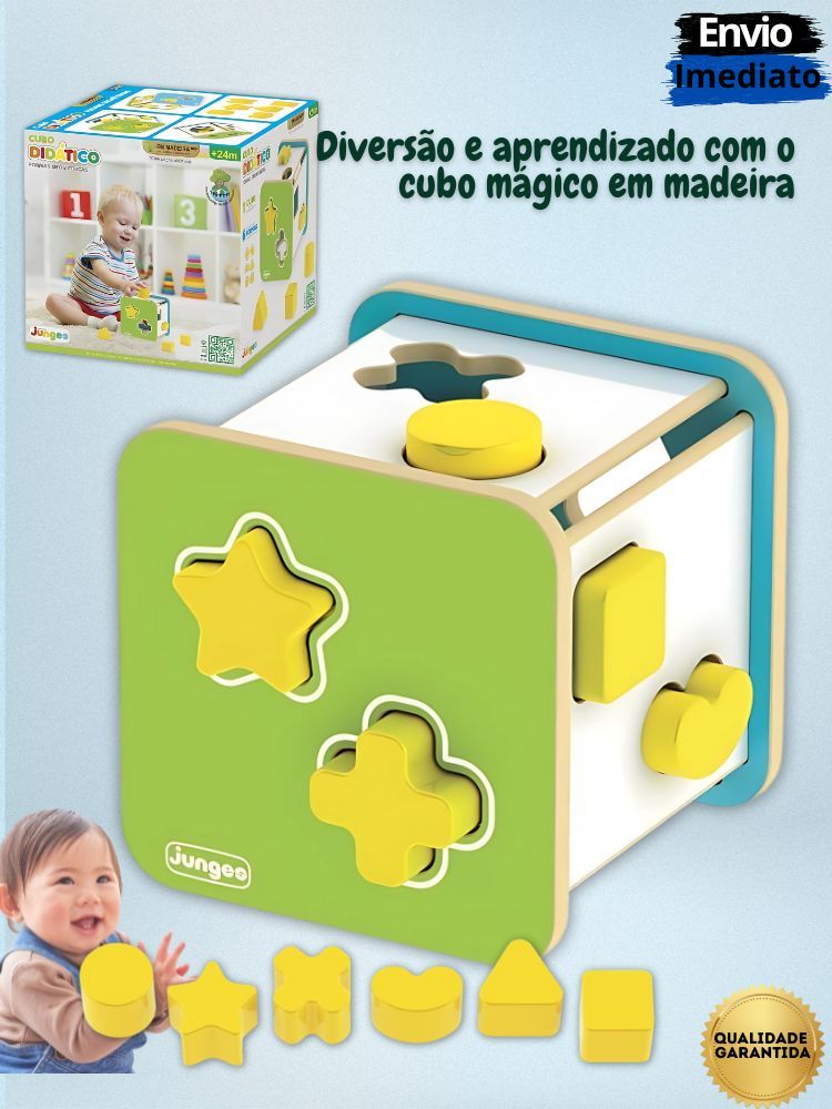 Cubo Didático de Encaixe de Formas Geométricas Educacional em  Madeira MDF