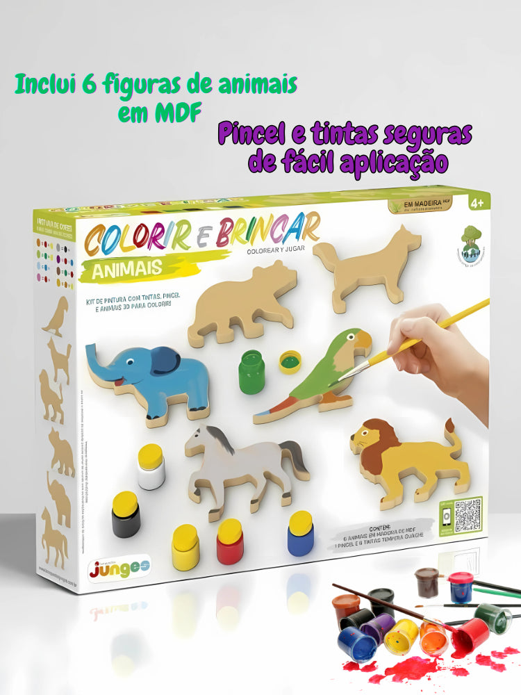 Kit de Colorir Educativo de 6 Animais de Madeira MDF