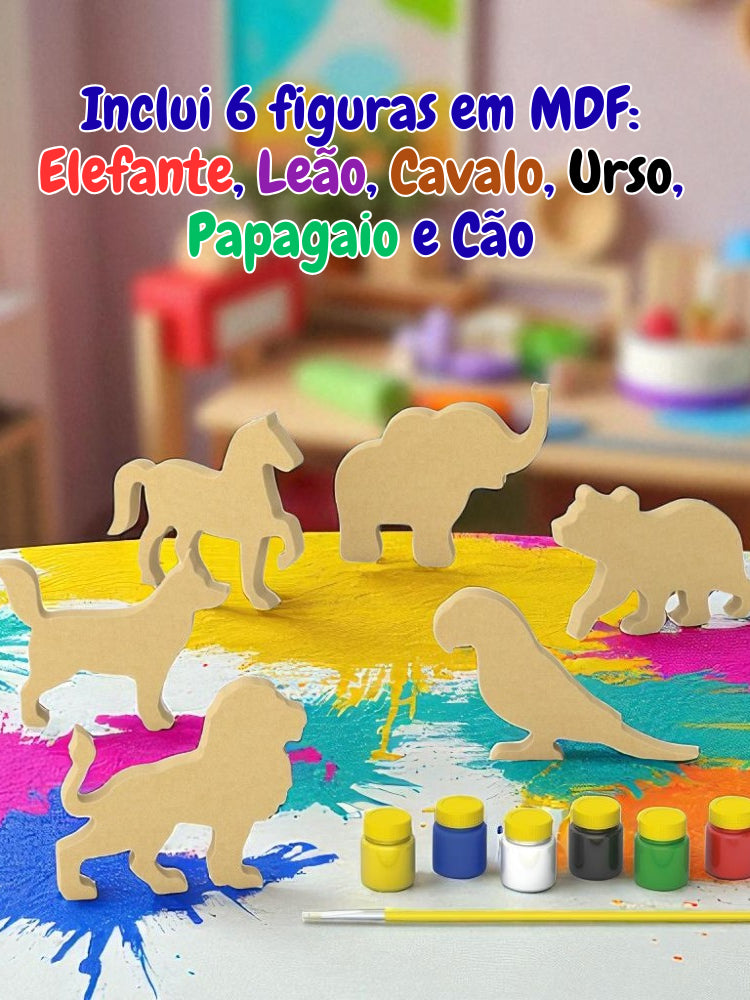 Kit de Colorir Educativo de 6 Animais de Madeira MDF
