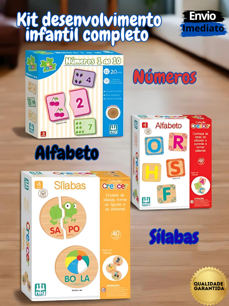 Kit Desenvolvimento Educativo de Encaixe Sílabas, Alfabeto e Números de Madeira