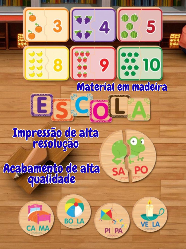 Kit Desenvolvimento Educativo de Encaixe Sílabas, Alfabeto e Números de Madeira